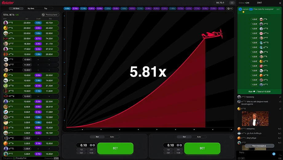Aviator screen: the red curve at 5.81x with the bet list on the left and player chat on the right