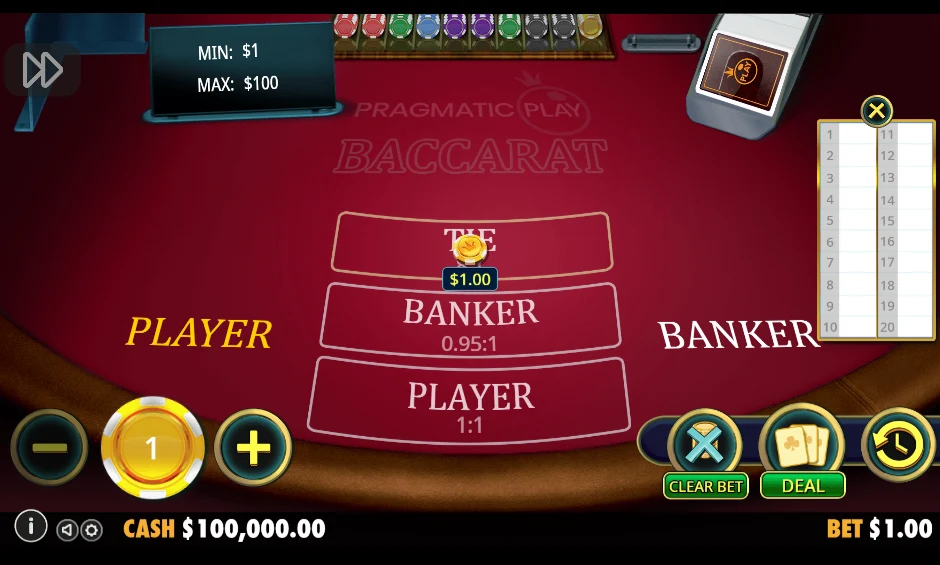 Стол баккары в демо Pragmatic Play: Banker платит 0,95:1, Player платит 1:1, лимиты стола MIN $1 и MAX $100