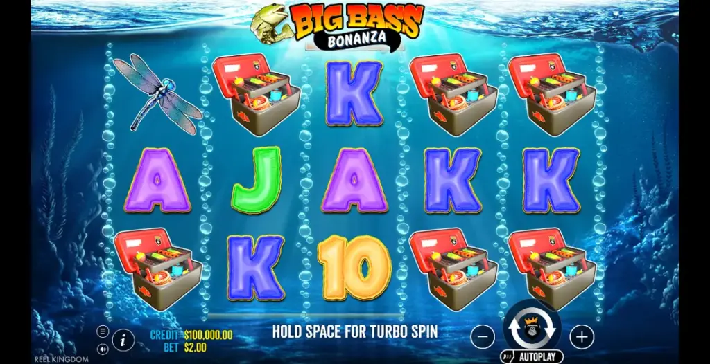 Big Bass Bonanza reels with credit and bet shown