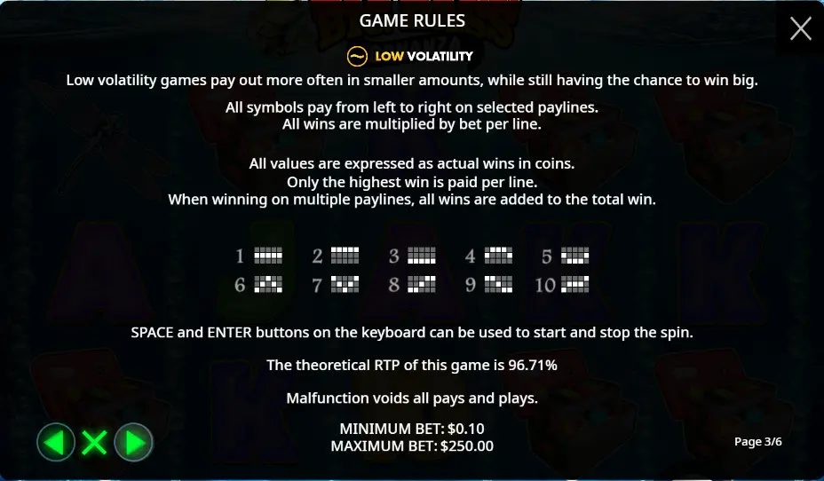 Big Bass Bonanza game rules screen: theoretical RTP 96.71%, low volatility