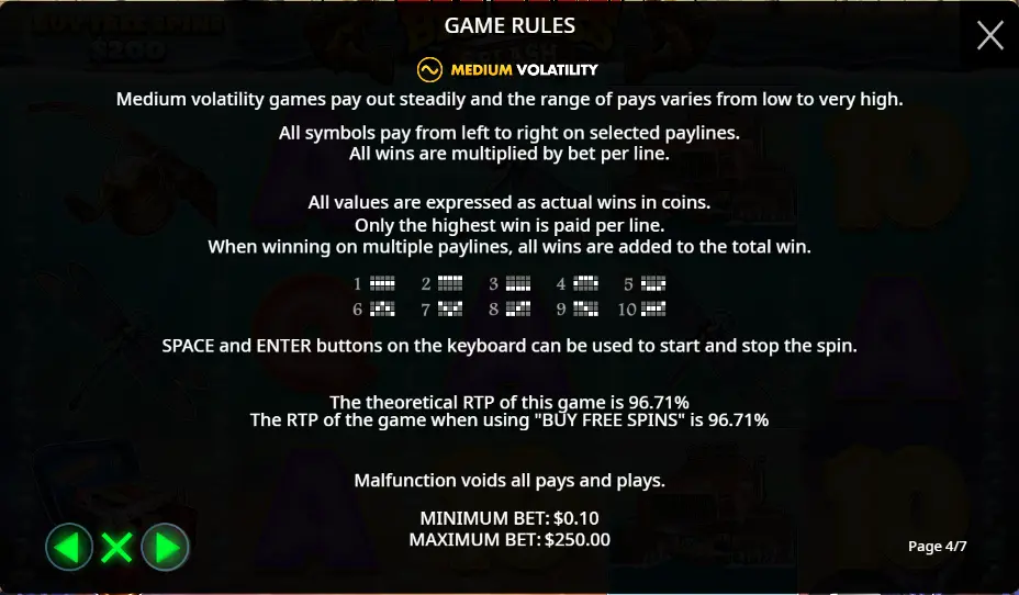 Big Bass Splash game rules screen: RTP 96.71% and the same figure when buying free spins
