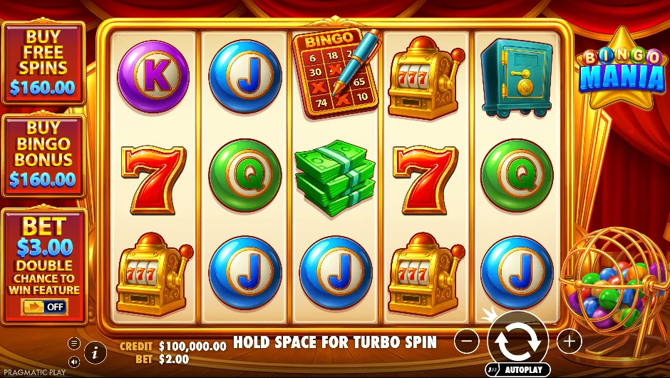 Bingo Mania by Pragmatic Play: five reels of bingo balls and lottery symbols with Buy Free Spins and Buy Bingo Bonus at $160.00 each