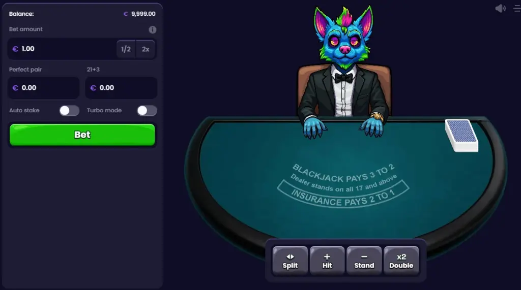 Blackjack table with the rules printed on the felt: blackjack pays 3 to 2, dealer stands on all 17 and above, insurance pays 2 to 1, with Perfect Pair and 21+3 side bets