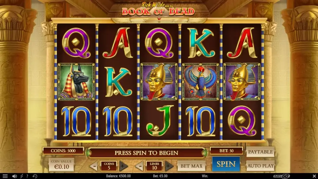 Rich Wilde and the Book of Dead reels: Anubis, pharaoh and Horus symbols over five reels, coin value €0.10 and ten lines