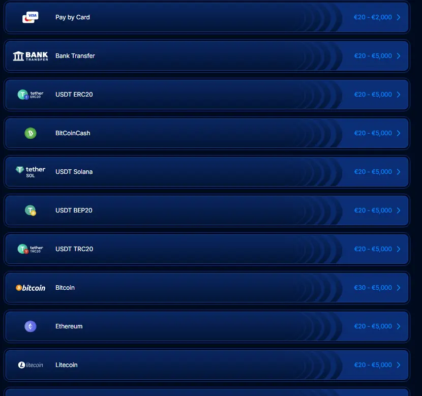 Boomerang Bet payments page listing USDT networks, Bitcoin and Ethereum with limits