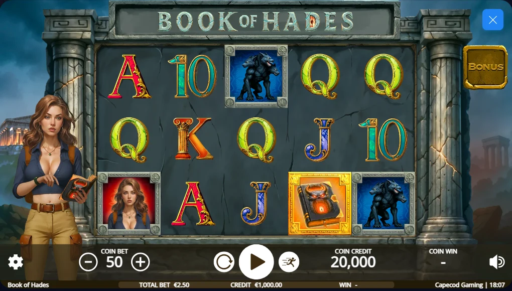 Book of Hades reels by Capecod: five reels of Greek-themed symbols, coin bet 50 and a total bet of €2.50