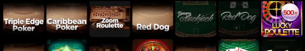 Верхний ряд настольного раздела казино: Triple Edge Poker и Caribbean Poker рядом с Zoom Roulette, Red Dog и European Blackjack
