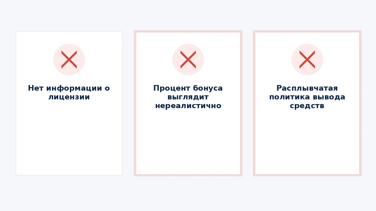 Три красных флага казино: отсутствие видимой информации о лицензии, неправдоподобный процент бонуса и расплывчатая политика вывода средств