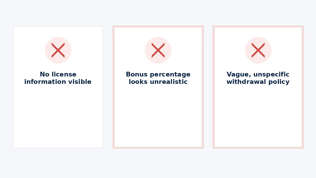 Three casino red flags: no visible license information, an implausible bonus percentage, and a vague withdrawal policy