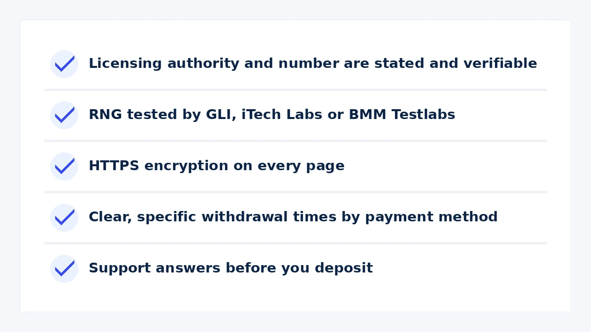 Five-point checklist for verifying an online casino is safe: license, testing lab, encryption, payout times, support