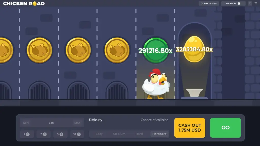 Chicken Road screen: the chicken on the road with multipliers rising to 291,216.80x, difficulty set to Hardcore