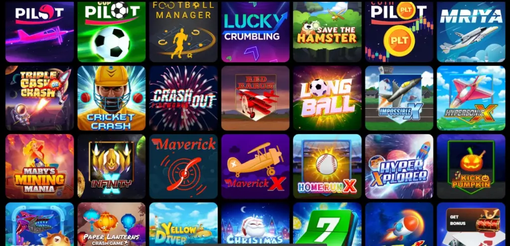 Crash game section of a casino lobby: Pilot, Cricket Crash, Crash Out, Red Baron, Long Ball, Maverick X and two dozen more titles