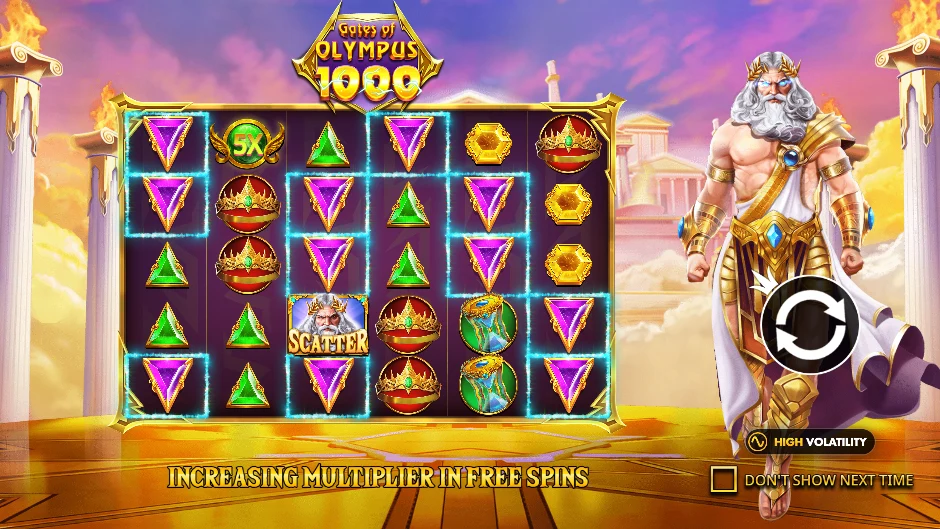 Gates of Olympus 1000 reels with an increasing multiplier notice and a high volatility badge