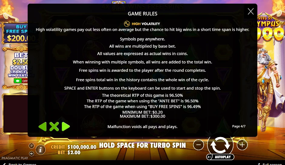 Gates of Olympus 1000 game rules screen: high volatility, theoretical RTP 96.50%, buy free spins 96.49%