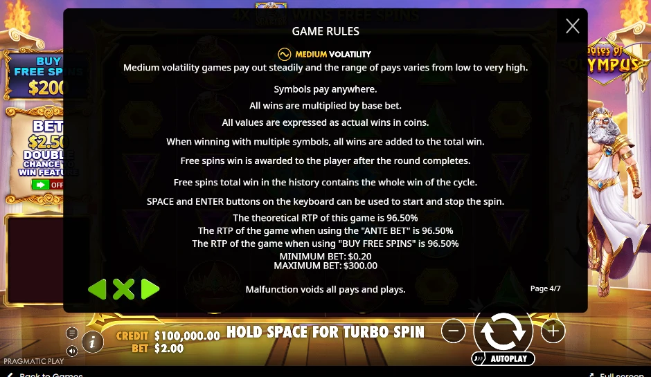 Gates of Olympus game rules screen: medium volatility, theoretical RTP 96.50%, the same with ante bet and buy free spins