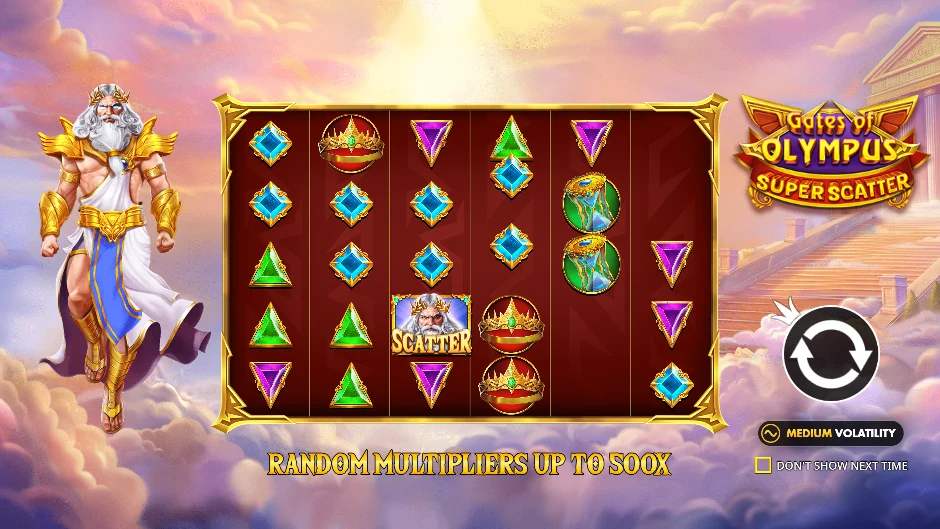 Gates of Olympus Super Scatter reels: random multipliers up to 500x, medium volatility badge