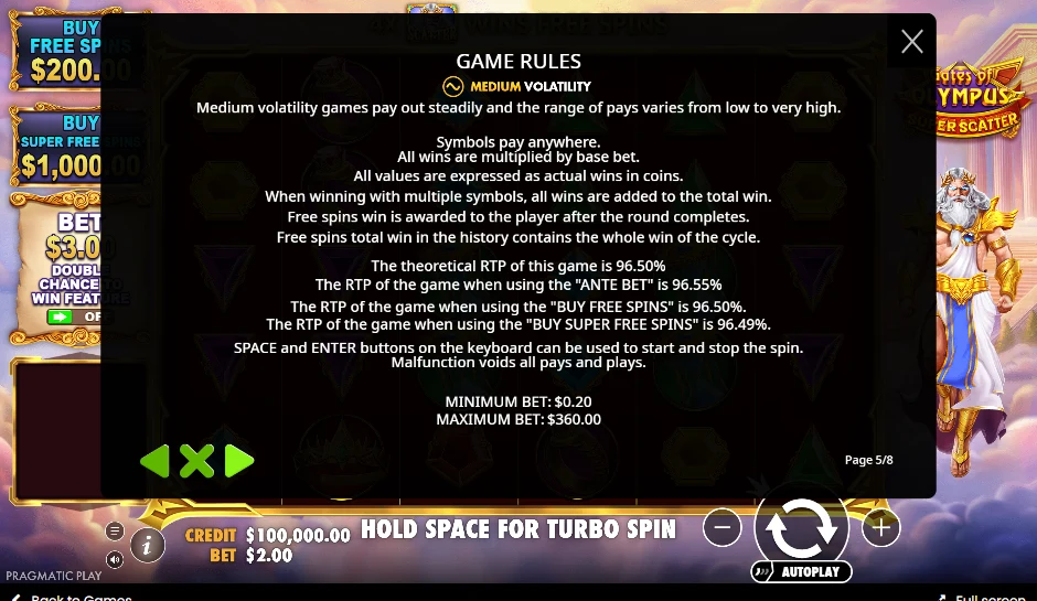 Gates of Olympus Super Scatter game rules screen: medium volatility, theoretical RTP 96.50%, maximum win capped at 50,000x