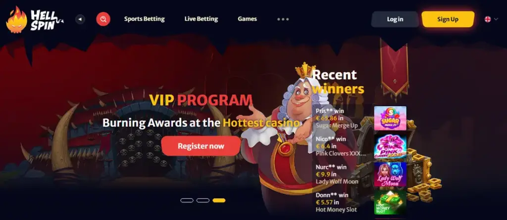 HellSpin homepage: VIP programme banner and a live feed of recent wins