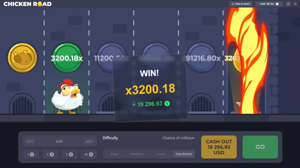 Chicken Road win screen: x3200.18 paying 19,296.93, with the difficulty set to Hardcore
