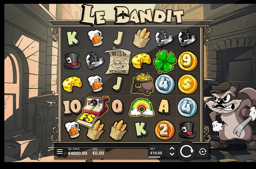Le Bandit reels: coins, clovers and a wild reward symbol on a six-by-five grid, bet €10.00