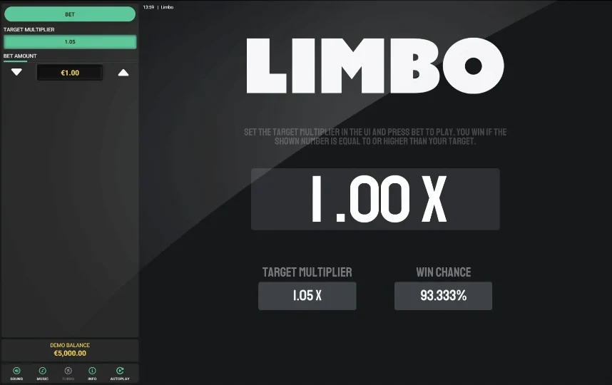 Limbo screen: target multiplier 1.05x with a win chance of 93.333% shown beside it