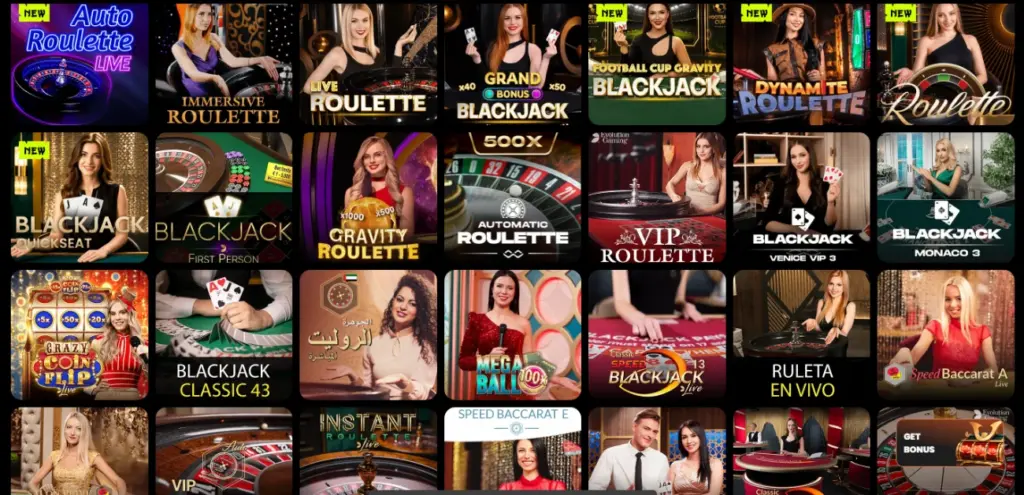 Live casino lobby: Auto Roulette, Immersive Roulette, Grand Blackjack, VIP Roulette, Crazy Coin Flip, Mega Ball and Speed Baccarat tables with live dealers