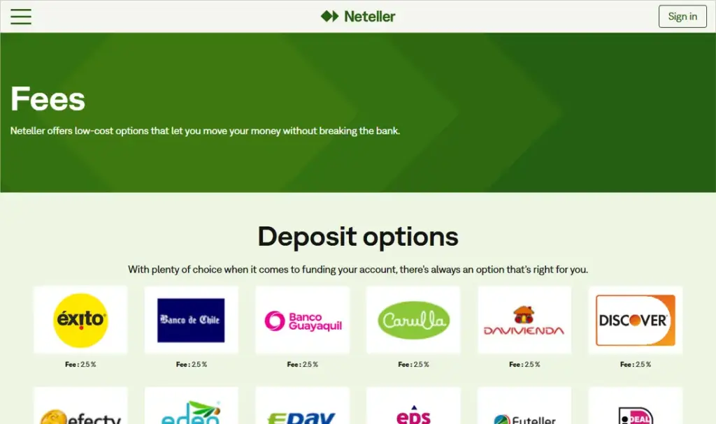 Neteller fees page showing deposit options with a 2.5% fee