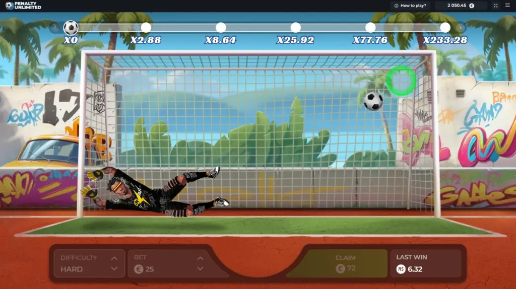 Penalty Unlimited screen: a goalkeeper diving as the multiplier ladder runs x2.88, x8.64, x25.92, x77.76, x233.28
