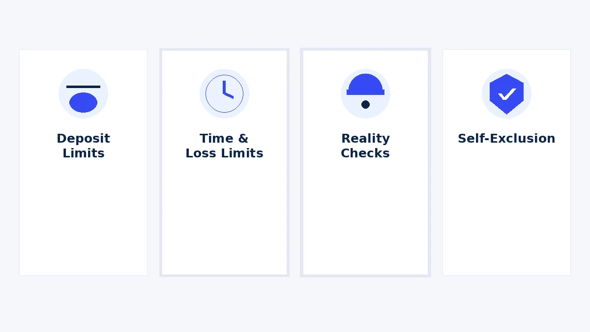 Overview of four responsible gambling tools: deposit limits, time and loss limits, reality checks, and self-exclusion