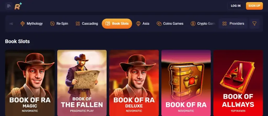RetroBet catalogue: Book Slots category with provider names under each tile