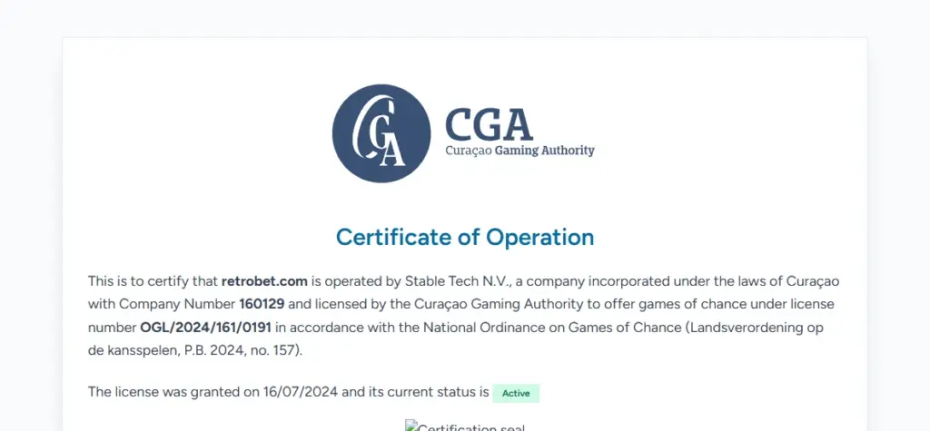 Сертификат Curaçao Gaming Authority для retrobet.com: Stable Tech N.V., регистрационный номер 160129, лицензия OGL/2024/161/0191, выдана 16.07.2024, статус Active