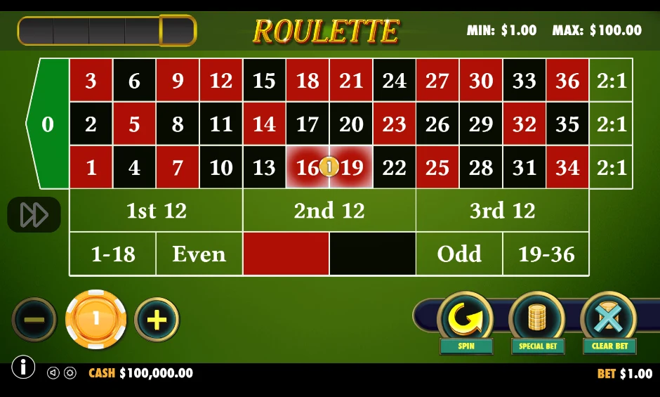 Roulette betting layout in the Pragmatic Play demo: a €1 chip on 16, table limits MIN $1.00 and MAX $100.00