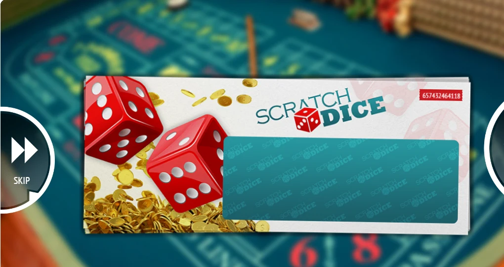 Scratch Dice by BGaming: a scratch ticket with a serial number in the corner, a covered play field, and Skip and Buy controls