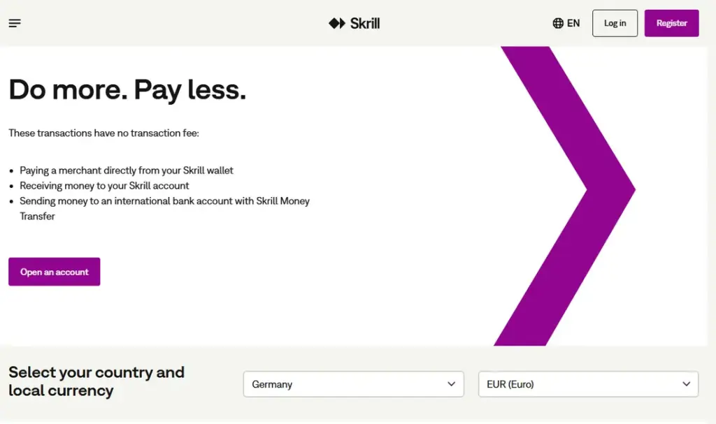 Skrill fees page listing transactions that carry no fee