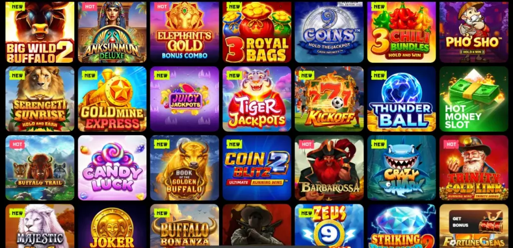 Slots section of a casino lobby: Big Wild Buffalo 2, Anksunmun Deluxe, Elephant’s Gold, 9 Coins, Tiger Jackpots and dozens of other titles