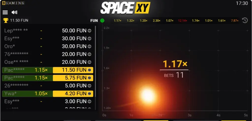 Space XY demo: the multiplier curve at 1.17x with the round history above it and other players’ bets on the left