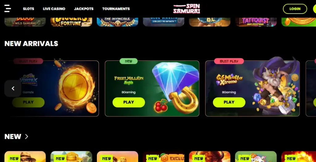 Spin Samurai game library: new arrivals with provider names on each tile