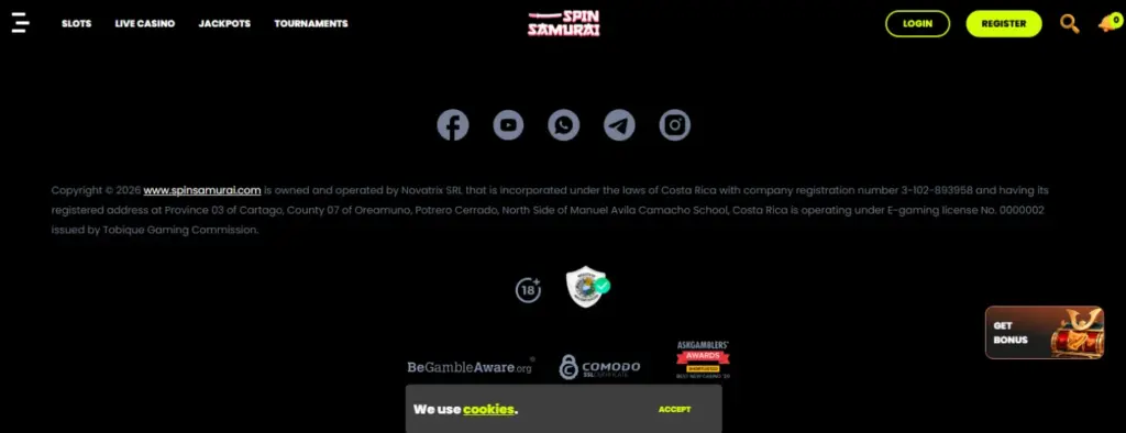 Подвал Spin Samurai: сайтом владеет и управляет Novatrix SRL, Коста-Рика, регистрационный номер 3-102-893958, лицензия No. 0000002 от Tobique Gaming Commission