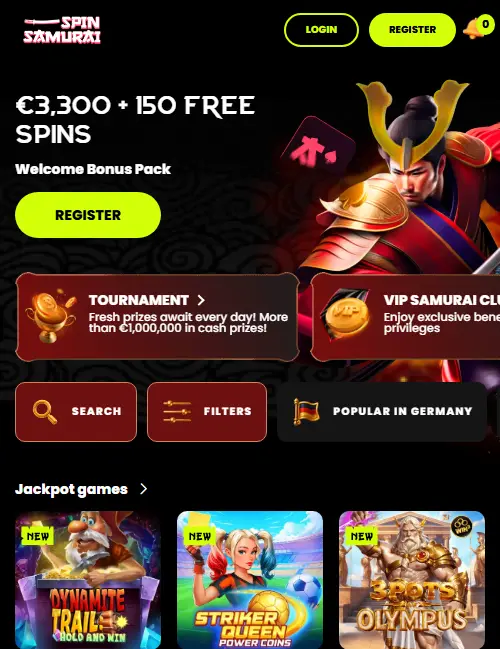 Spin Samurai on a phone screen: welcome offer, search, filters and game tiles