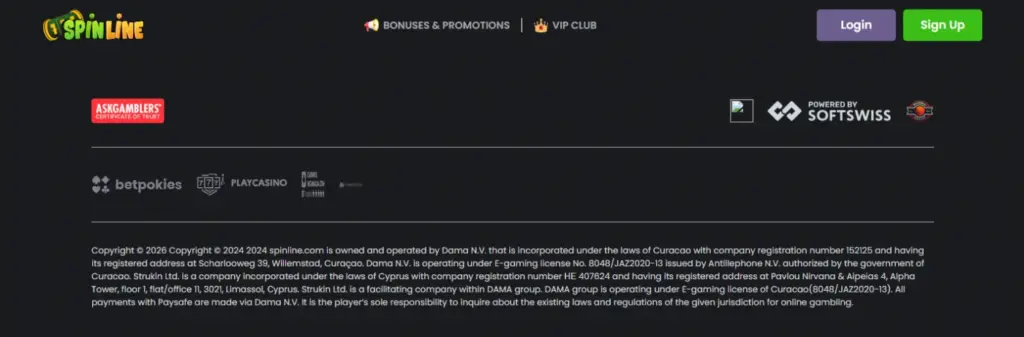 Spinline footer: operated by Dama N.V., registration 152125, Willemstad, under e-gaming licence 8048/JAZ2020-13 issued by Antillephone N.V., with Strukin Ltd. of Cyprus named as a facilitating company