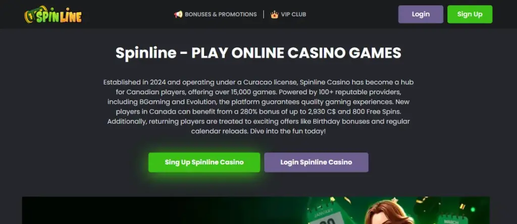 Spinline homepage: Curacao licence, 15,000 games and over 100 providers