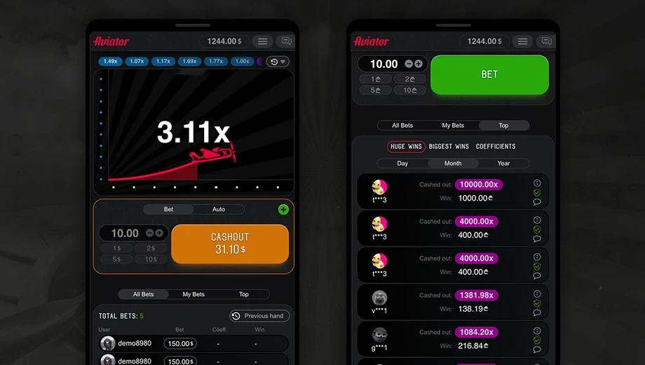 Aviator on two phone screens: the curve at 3.11x with a cashout of 31.10, and the Huge Wins board showing a 10000.00x cashout
