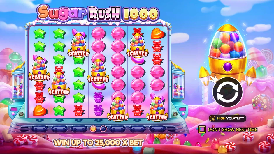 Sugar Rush 1000 reels with scatter symbols, win up to 25,000x bet and a high volatility badge