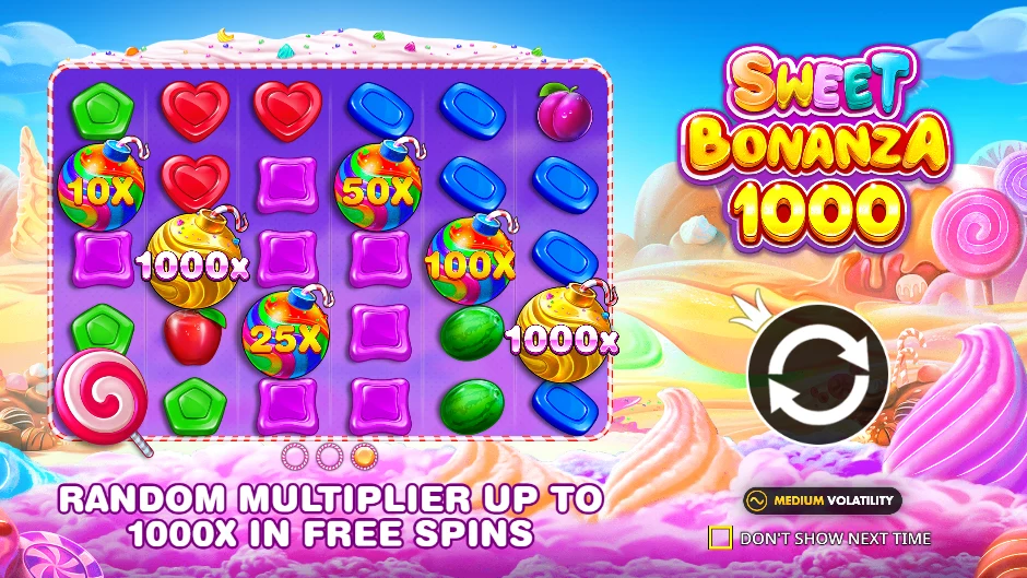 Sweet Bonanza 1000 intro screen: multiplier bombs up to 1000x on the reels, medium volatility badge