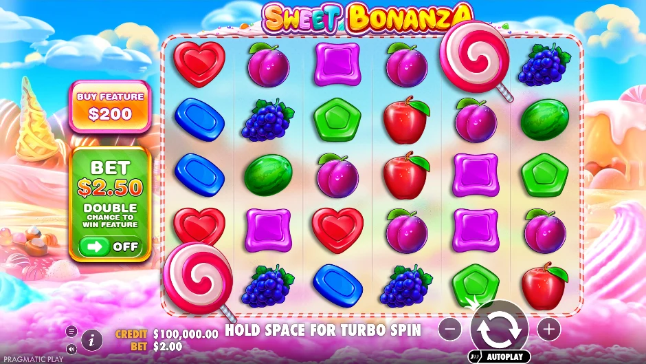 Sweet Bonanza reels: candy symbols on a six-reel grid, Buy Feature and Double Chance panel on the left