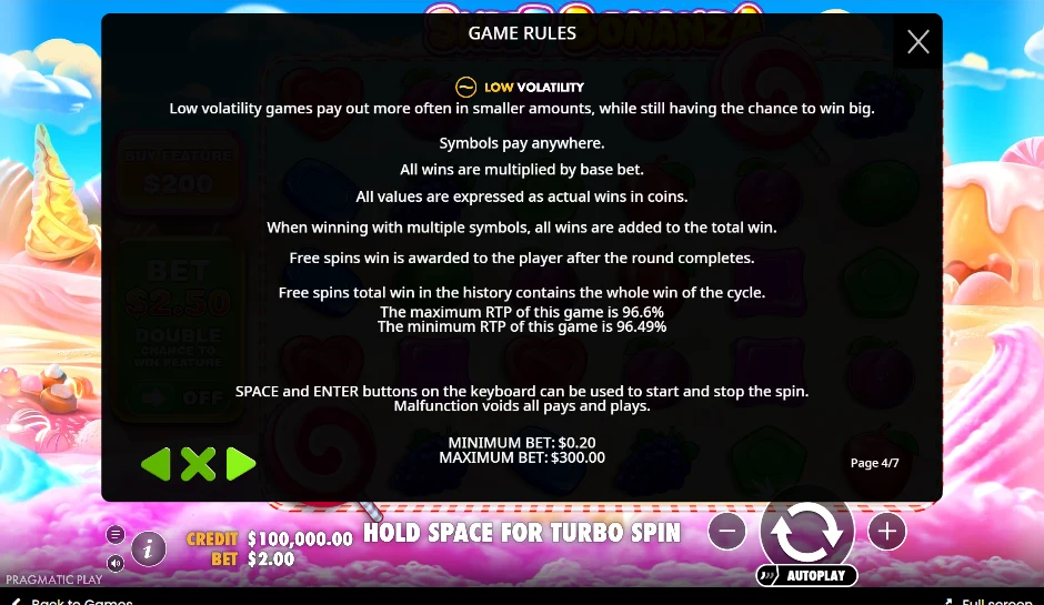 Sweet Bonanza game rules screen: low volatility, maximum RTP 96.6%, minimum RTP 96.49%, minimum bet $0.20