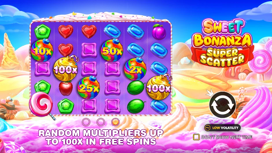 Sweet Bonanza Super Scatter intro screen: multiplier bombs up to 100x, low volatility badge