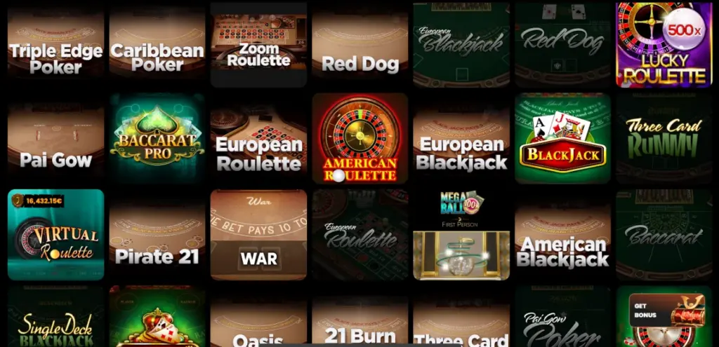 Раздел настольных игр в лобби казино: Triple Edge Poker, Caribbean Poker, Zoom Roulette, Red Dog, Pai Gow, Baccarat Pro, European Blackjack, Three Card Rummy и другие