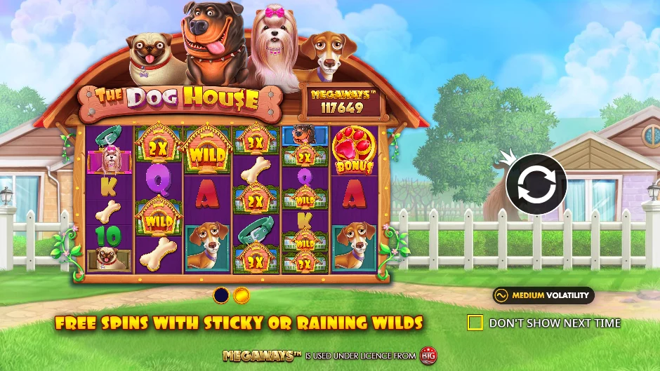 The Dog House Megaways reels showing 117,649 ways, wild multipliers and a medium volatility badge