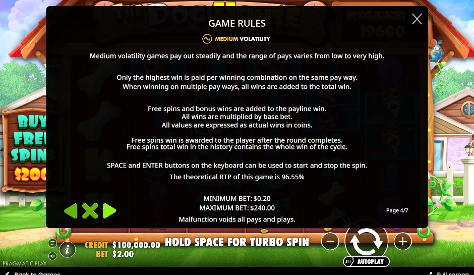 The Dog House Megaways game rules screen: medium volatility, theoretical RTP 96.55%